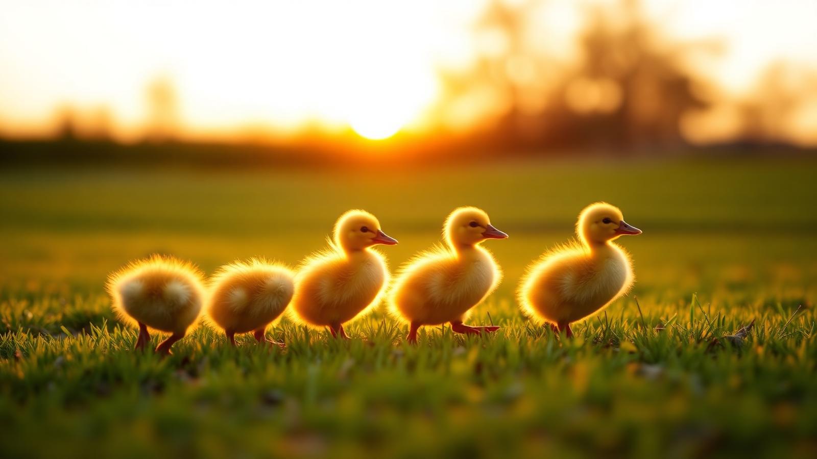 A row of golden ducklings waddling at sunset
